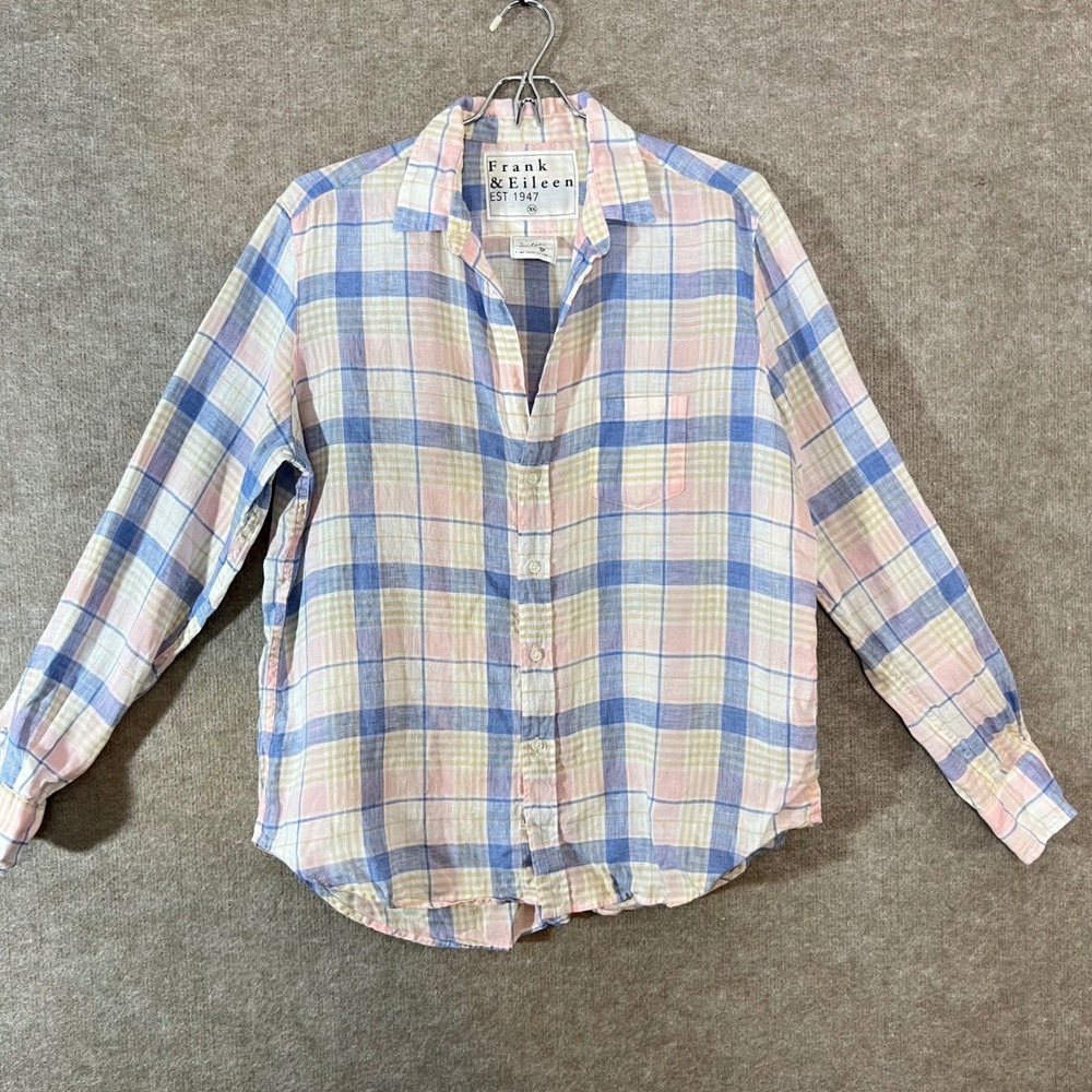 Frank & Eileen Linen Eileen Button Up Women XS Pink Blue Plaid Coastal Preppy
